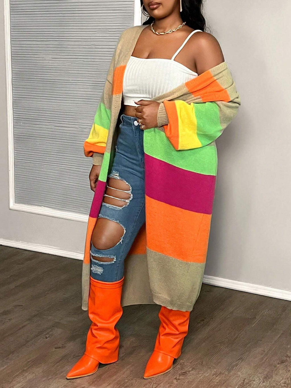 Elegant Plus Size Colorblock Crochet Knit Cardigan – Loose Fit Long Sleeve Mid-Length Autumn/Winter Sweater
