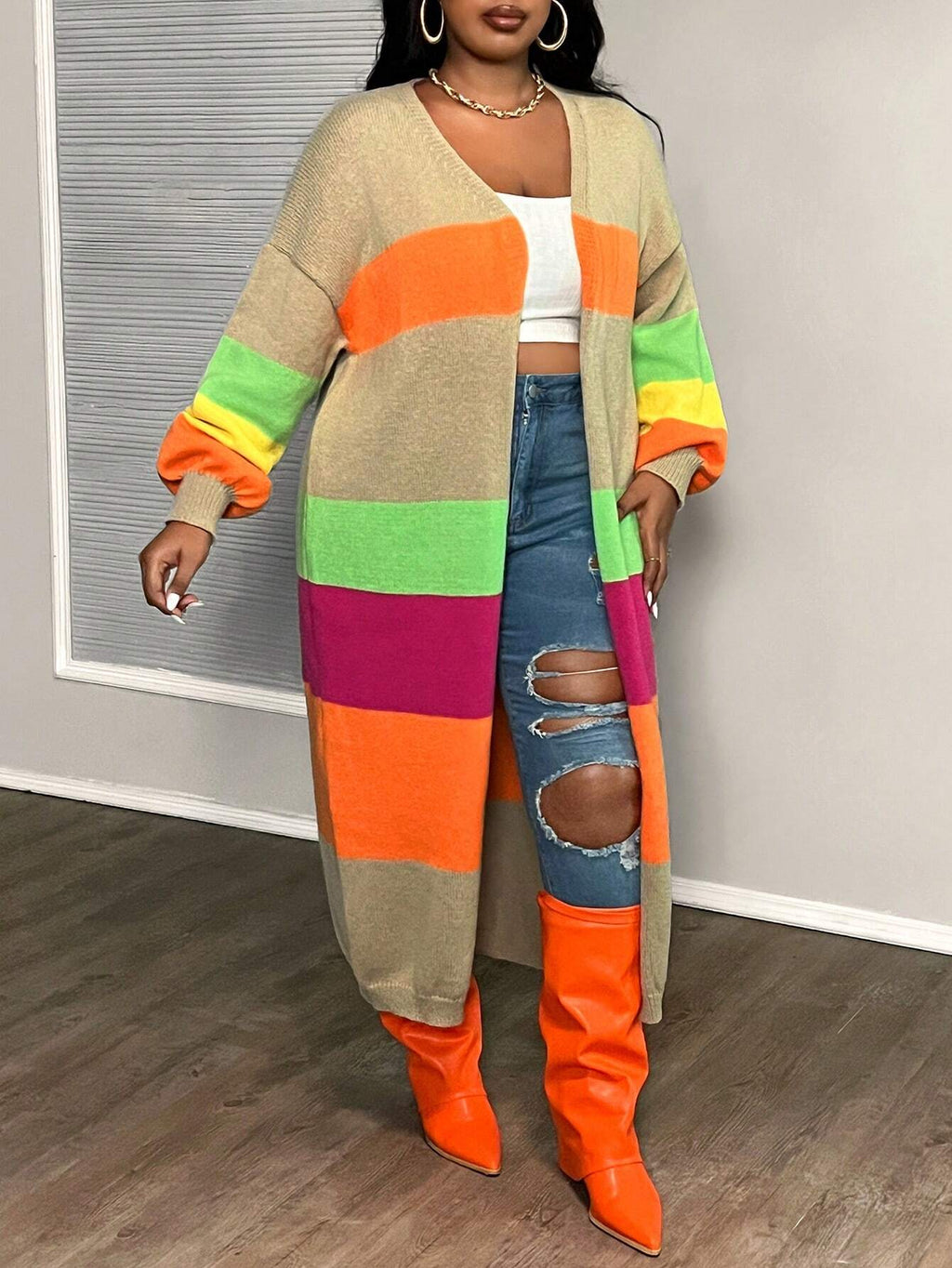 Elegant Plus Size Colorblock Crochet Knit Cardigan – Loose Fit Long Sleeve Mid-Length Autumn/Winter Sweater