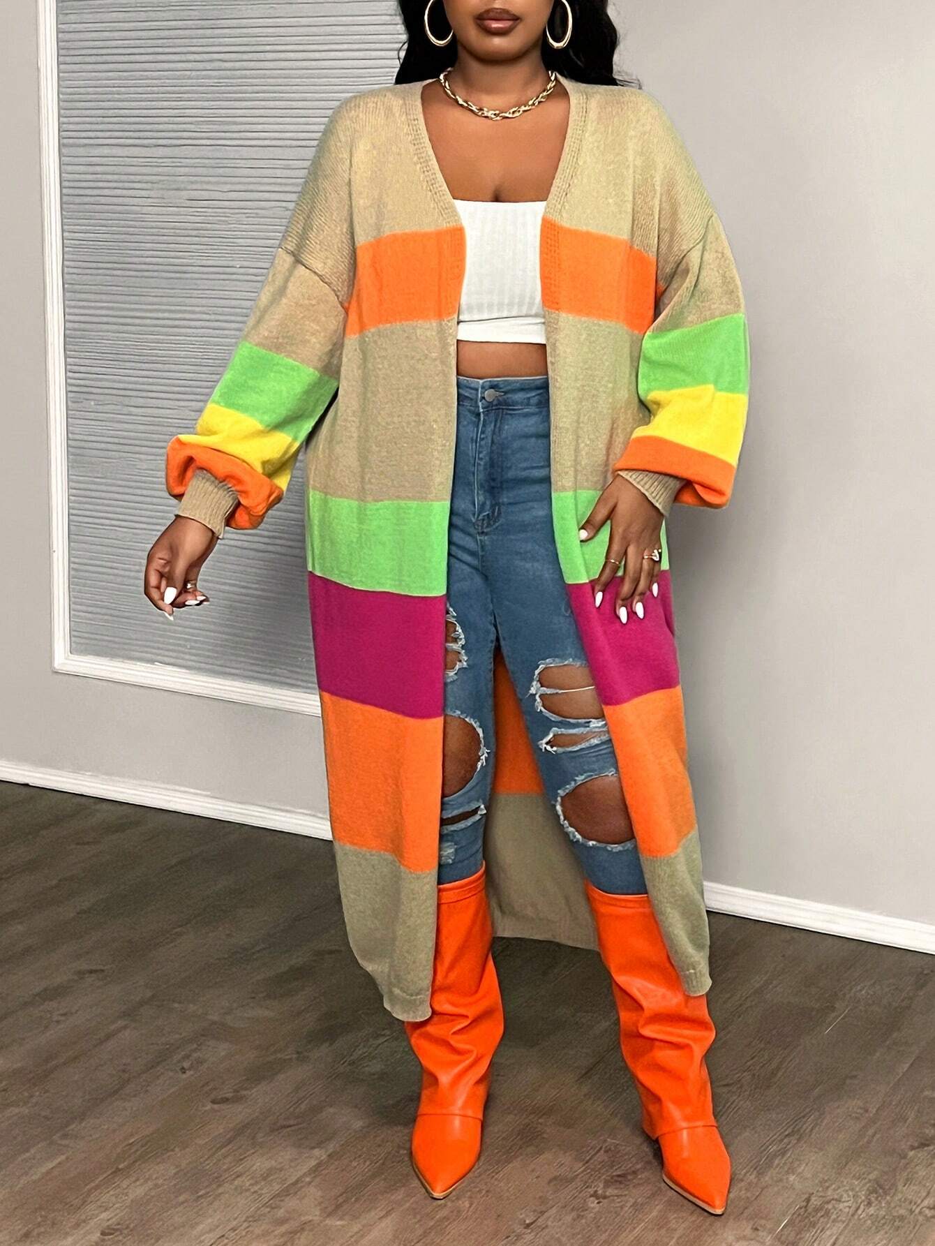 Elegant Plus Size Colorblock Crochet Knit Cardigan – Loose Fit Long Sleeve Mid-Length Autumn/Winter Sweater