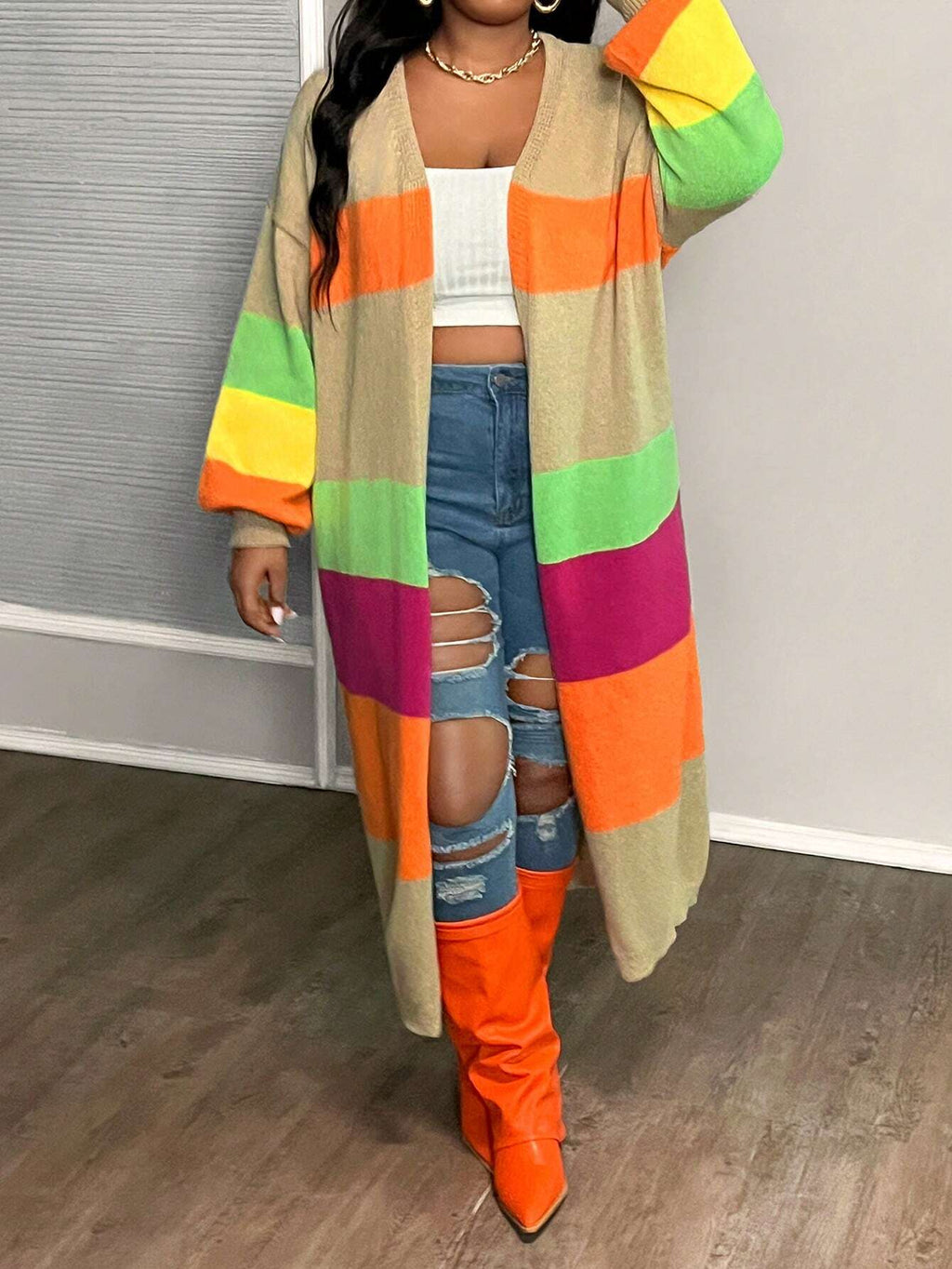 Elegant Plus Size Colorblock Crochet Knit Cardigan – Loose Fit Long Sleeve Mid-Length Autumn/Winter Sweater
