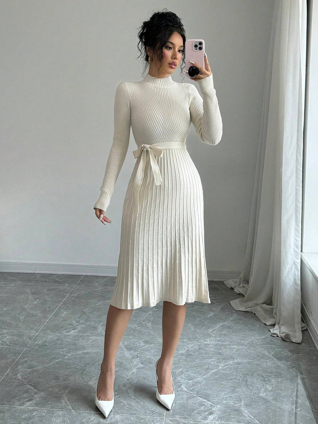 Women’s Stand Collar Sweater Dress – Elegant Minimalist Solid Color Fitted Knit Dress for Autumn