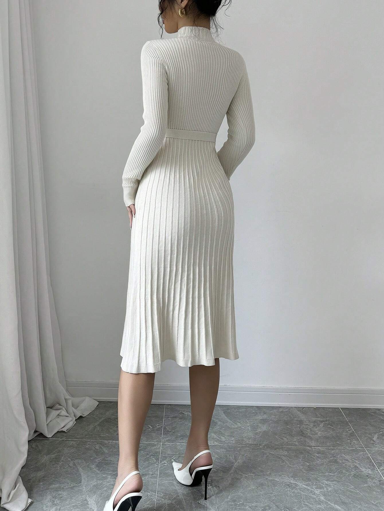 Women’s Stand Collar Sweater Dress – Elegant Minimalist Solid Color Fitted Knit Dress for Autumn