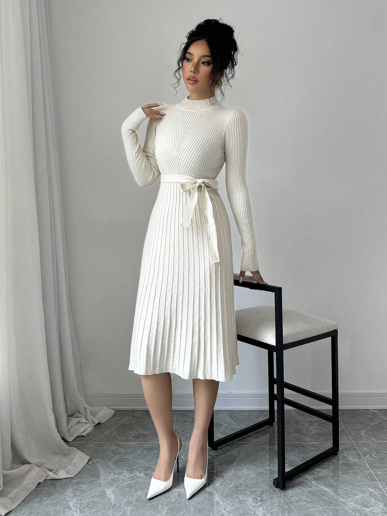 Women’s Stand Collar Sweater Dress – Elegant Minimalist Solid Color Fitted Knit Dress for Autumn