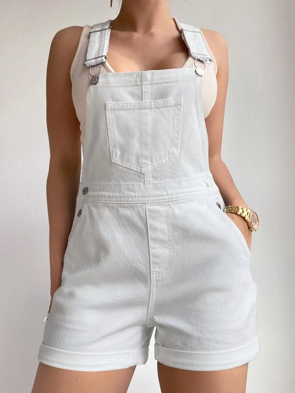 Flexra Roll Up Hem Denim Overall Romper for Women – Casual Sleeveless Denim Shortalls