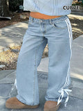 Plus Size Women’s Bow Ribbon Straight Leg Jeans – Mid Waist Elastic Casual Loose Denim Pants (All Seasons)