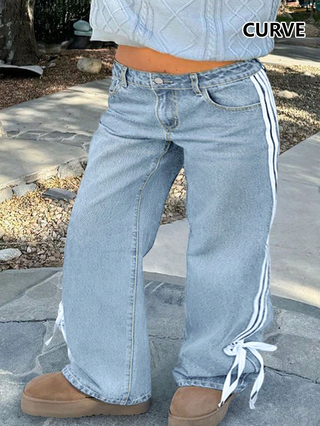 Plus Size Women’s Bow Ribbon Straight Leg Jeans – Mid Waist Elastic Casual Loose Denim Pants (All Seasons)