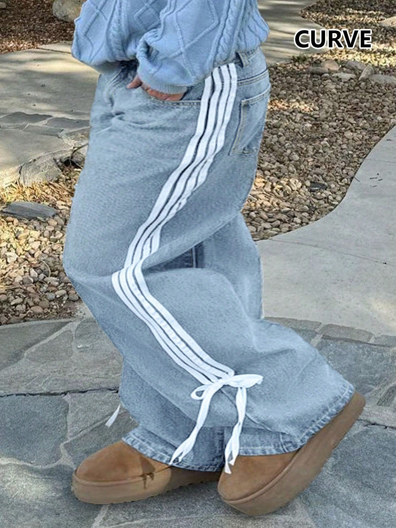 Plus Size Women’s Bow Ribbon Straight Leg Jeans – Mid Waist Elastic Casual Loose Denim Pants (All Seasons)