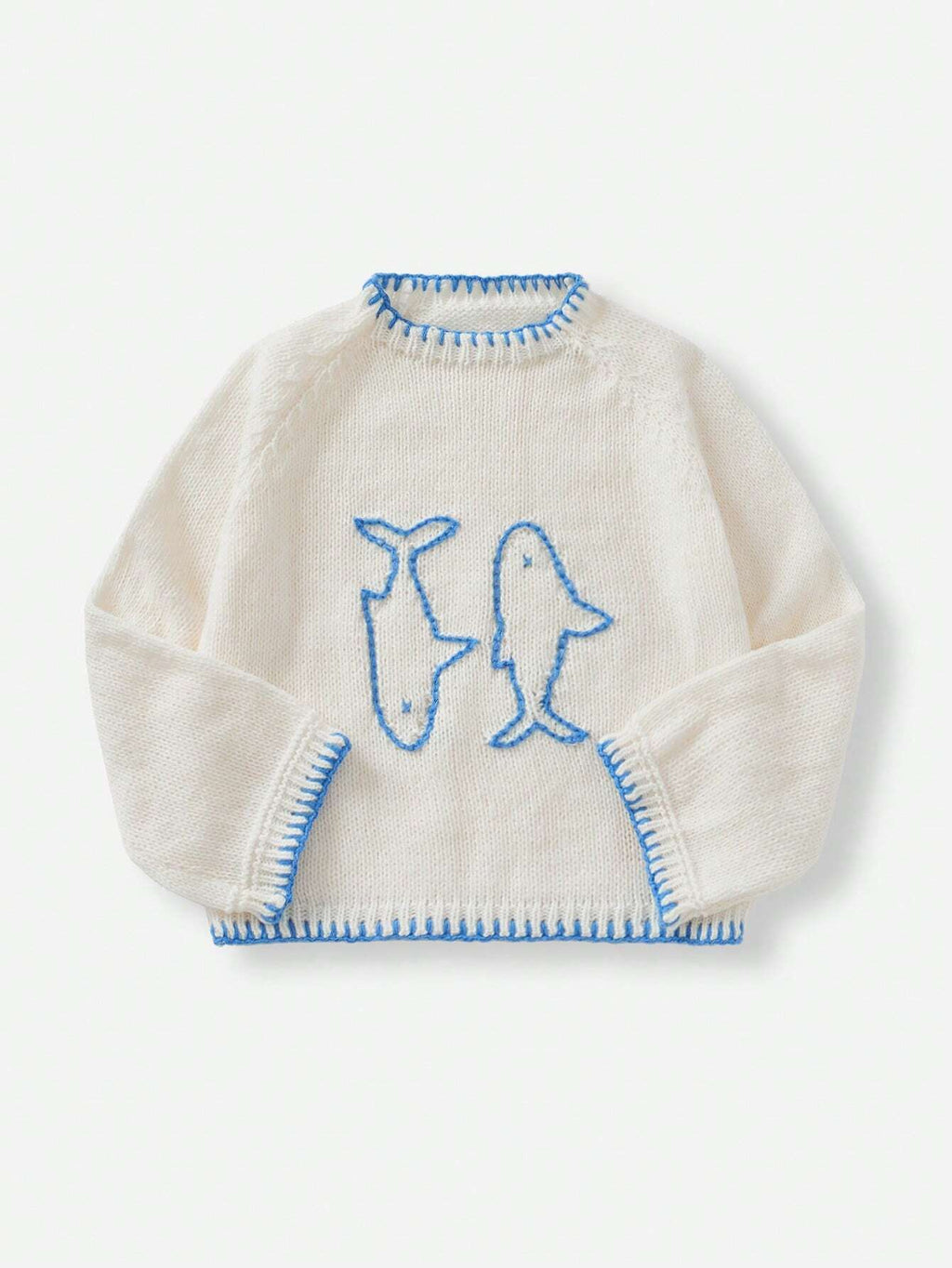 Women’s White & Blue Graphic Knit Sweater – Crew Neck Long Sleeve Casual Fall/Winter Pullover