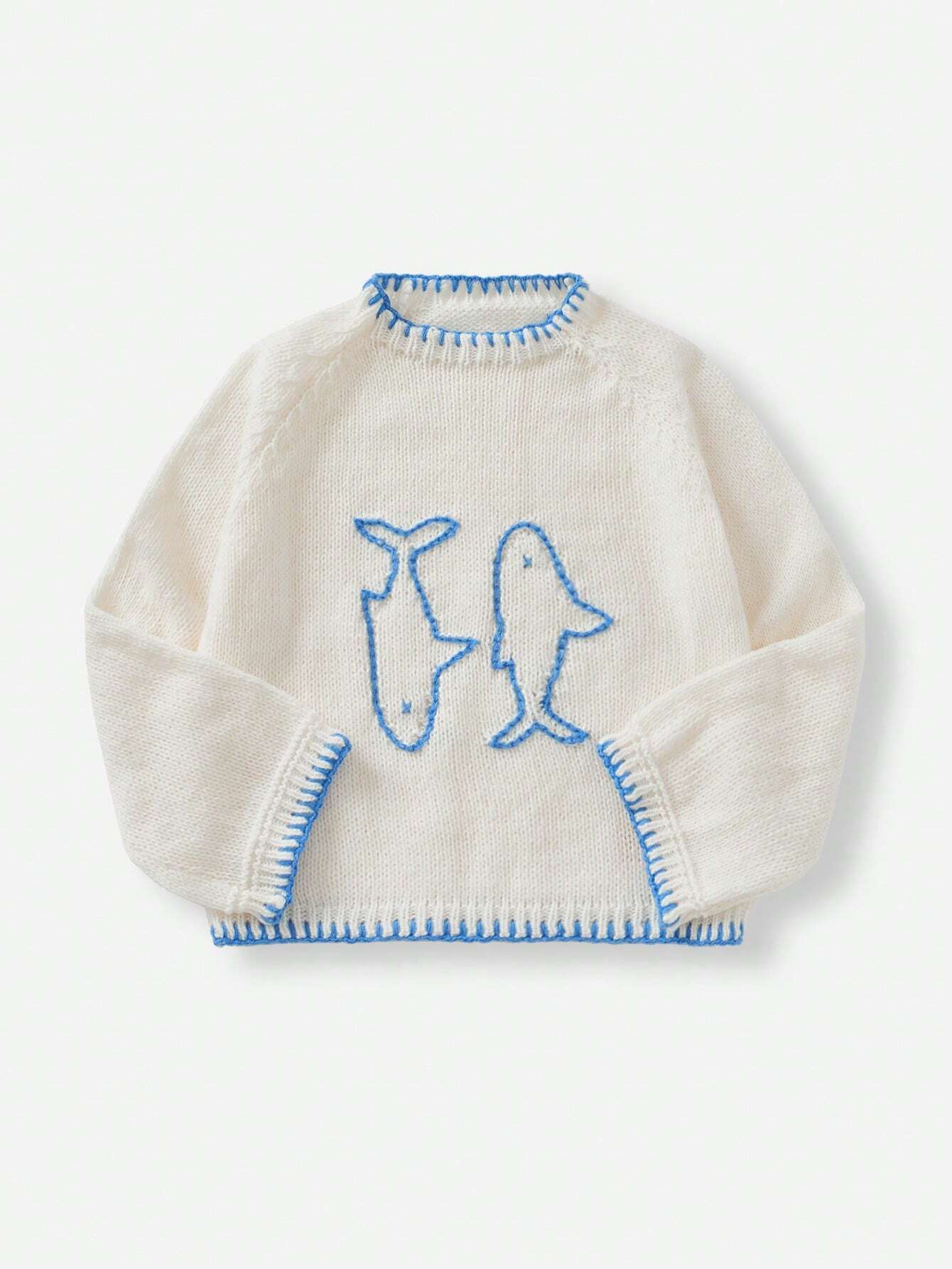 Women’s White & Blue Graphic Knit Sweater – Crew Neck Long Sleeve Casual Fall/Winter Pullover