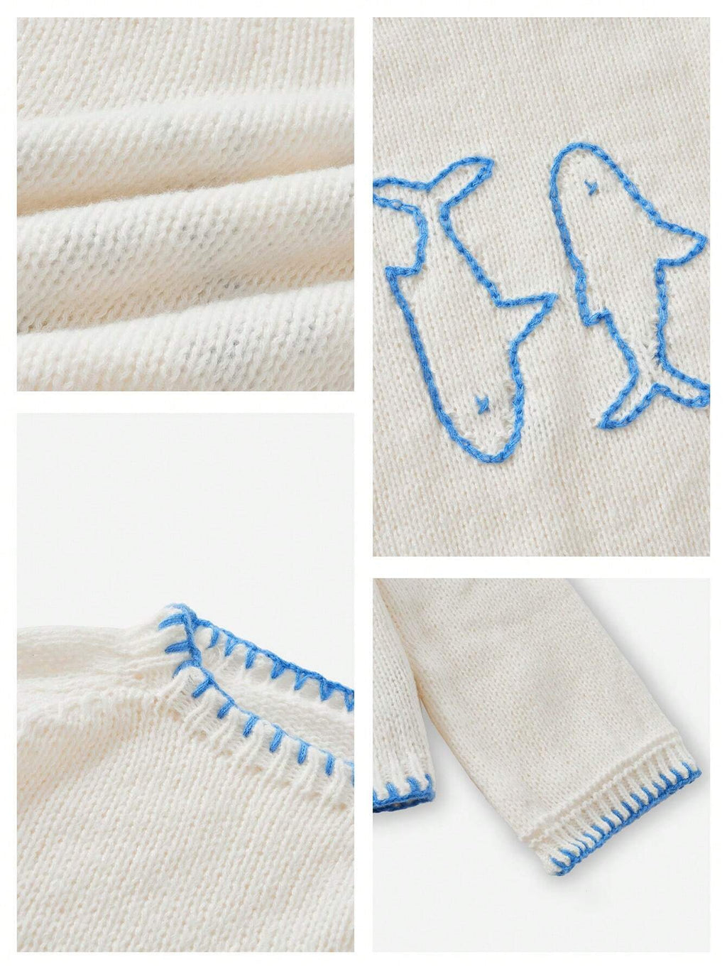 Women’s White & Blue Graphic Knit Sweater – Crew Neck Long Sleeve Casual Fall/Winter Pullover