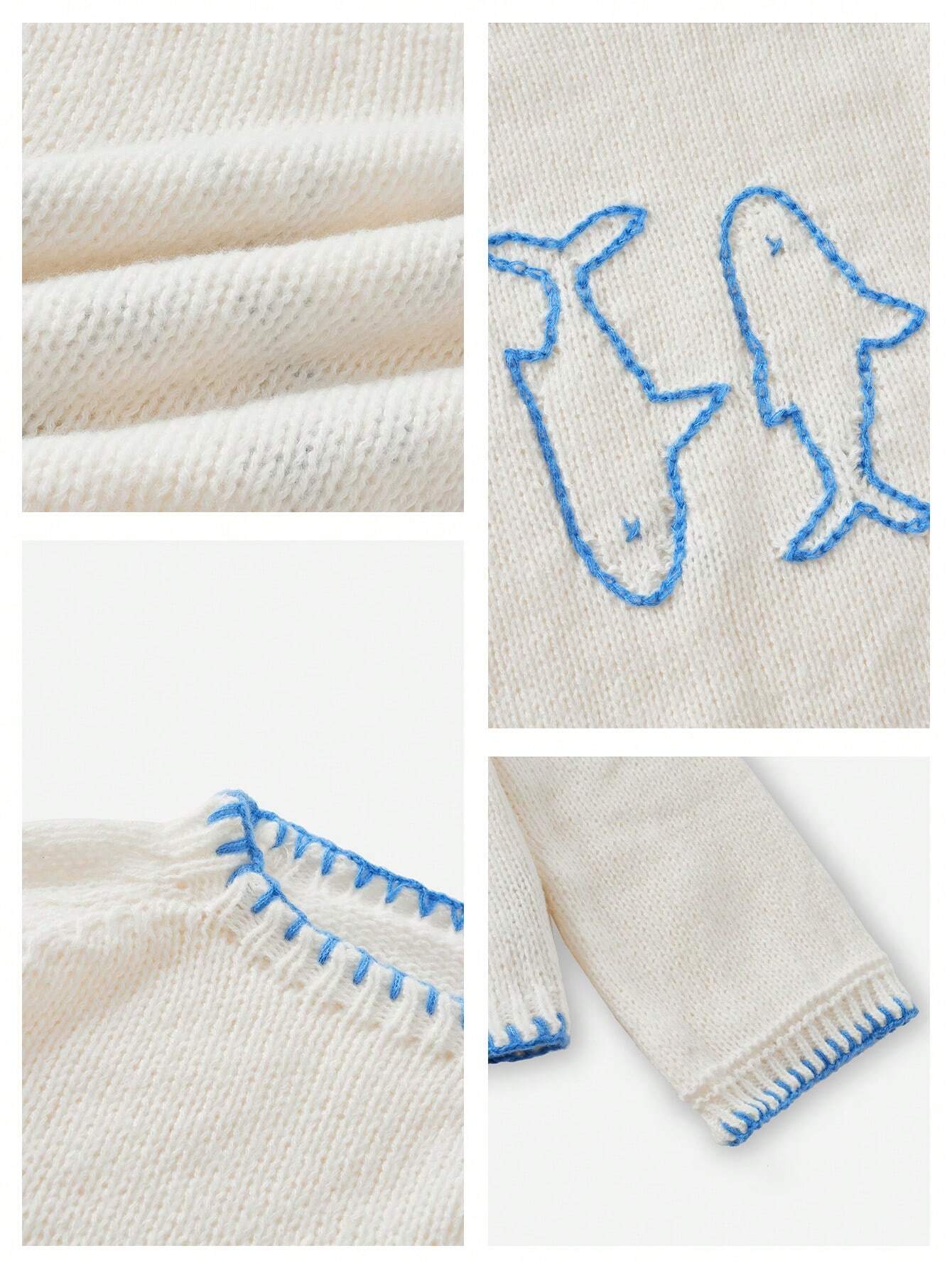 Women’s White & Blue Graphic Knit Sweater – Crew Neck Long Sleeve Casual Fall/Winter Pullover