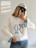 Women’s White & Blue Graphic Knit Sweater – Crew Neck Long Sleeve Casual Fall/Winter Pullover
