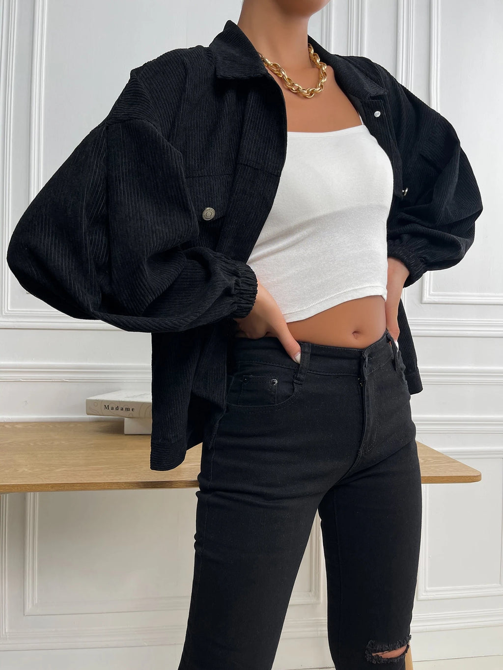 Women’s Oversized Corduroy Jacket – Drop Shoulder Flap Pocket Button-Up Casual Spring/Autumn Coat