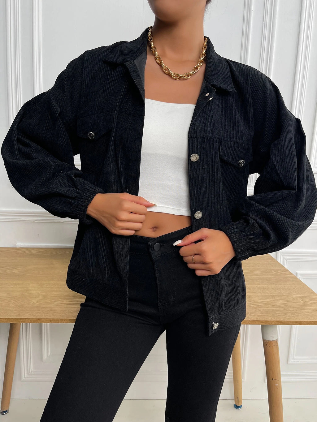 Women’s Oversized Corduroy Jacket – Drop Shoulder Flap Pocket Button-Up Casual Spring/Autumn Coat