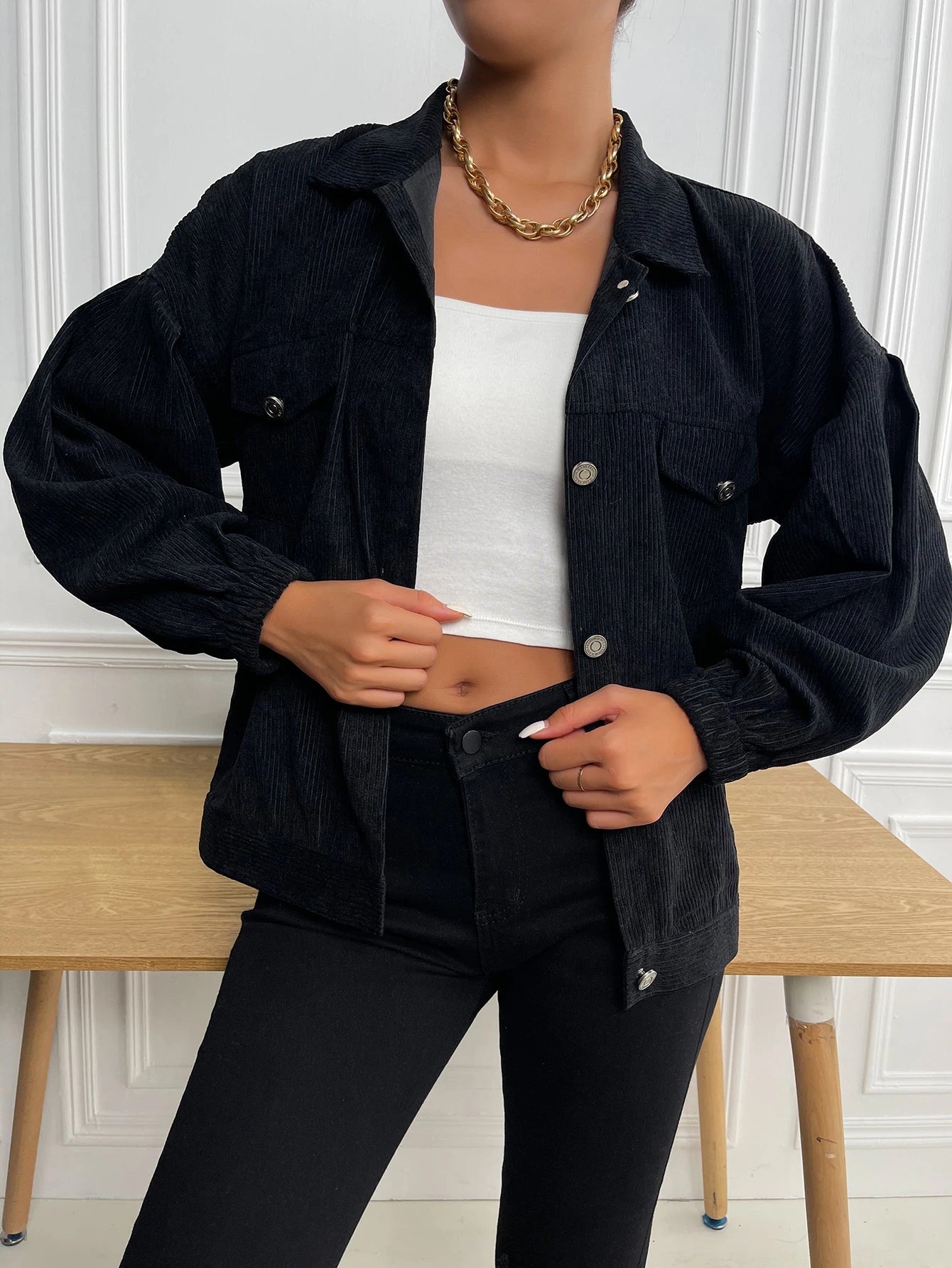 Women’s Oversized Corduroy Jacket – Drop Shoulder Flap Pocket Button-Up Casual Spring/Autumn Coat