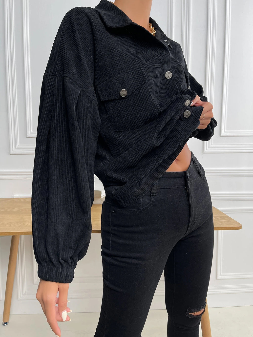 Women’s Oversized Corduroy Jacket – Drop Shoulder Flap Pocket Button-Up Casual Spring/Autumn Coat