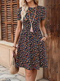 EMERY ROSE Ladies' Summer Round Neck Floral Print A-Line Short Elegant Dress,Boho Clothes Women