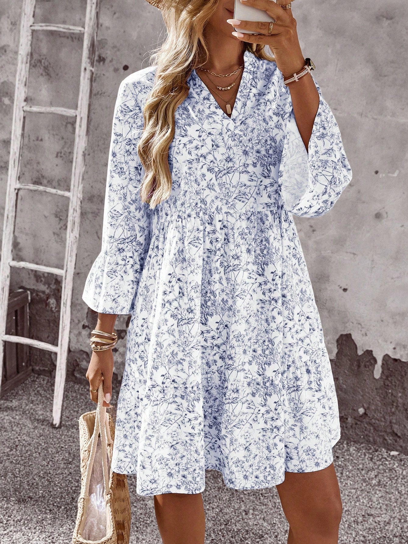 EMERY ROSE Women's Tropical Plant Pattern Flare Sleeve Casual Dress Spring Dress Women Beach Dresses Vacation Dress Casual Dresses For Women