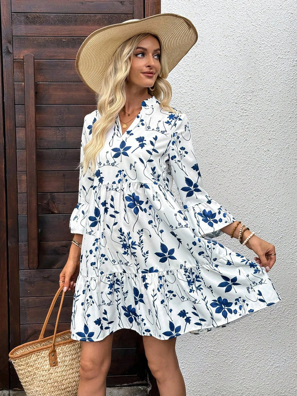 EMERY ROSE Women's Tropical Plant Pattern Flare Sleeve Casual Dress Spring Dress Women Beach Dresses Vacation Dress Casual Dresses For Women