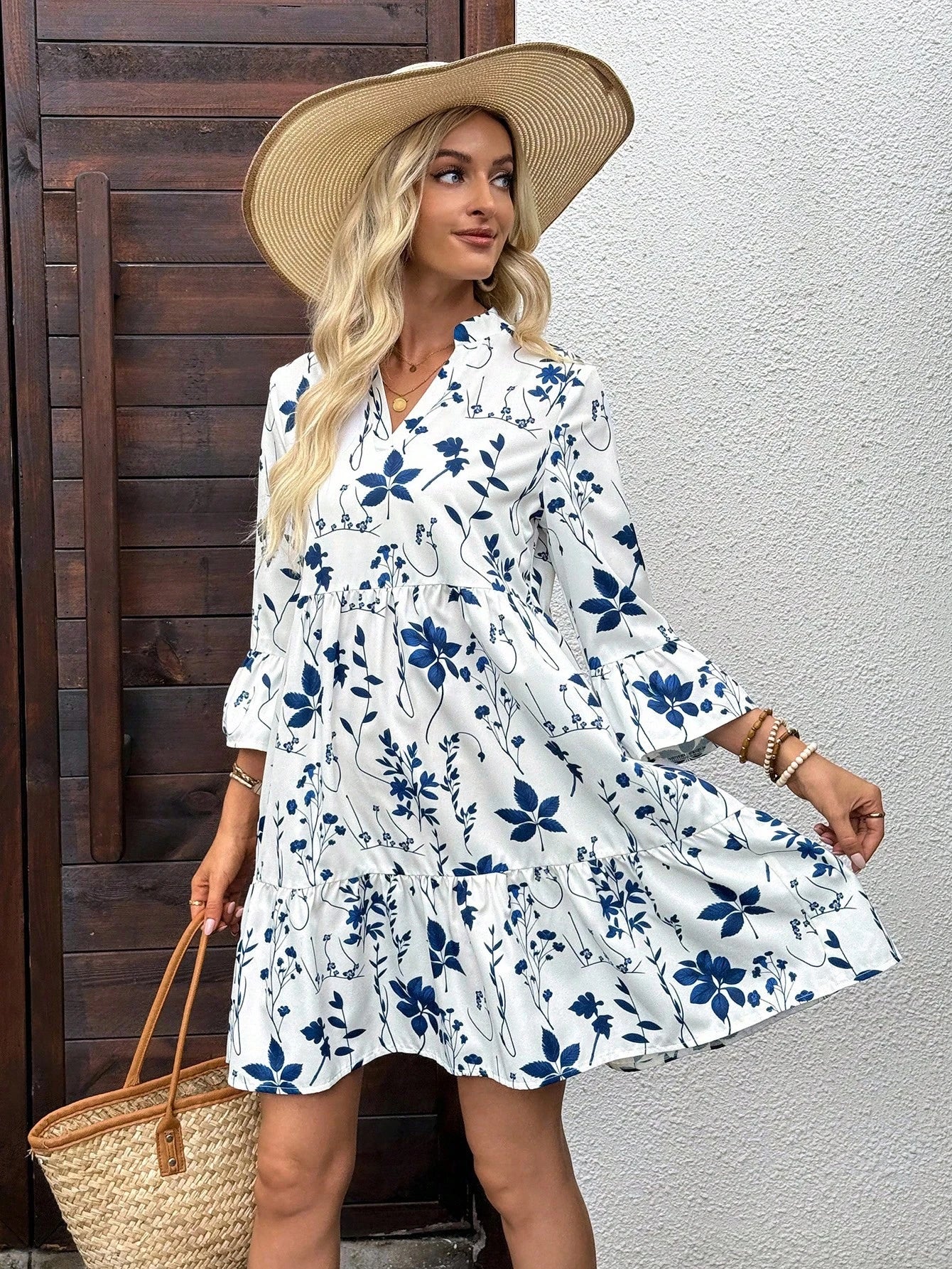 EMERY ROSE Women's Tropical Plant Pattern Flare Sleeve Casual Dress Spring Dress Women Beach Dresses Vacation Dress Casual Dresses For Women