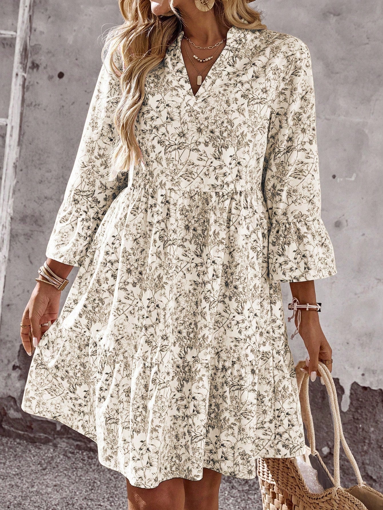 EMERY ROSE Women's Tropical Plant Pattern Flare Sleeve Casual Dress Spring Dress Women Beach Dresses Vacation Dress Casual Dresses For Women