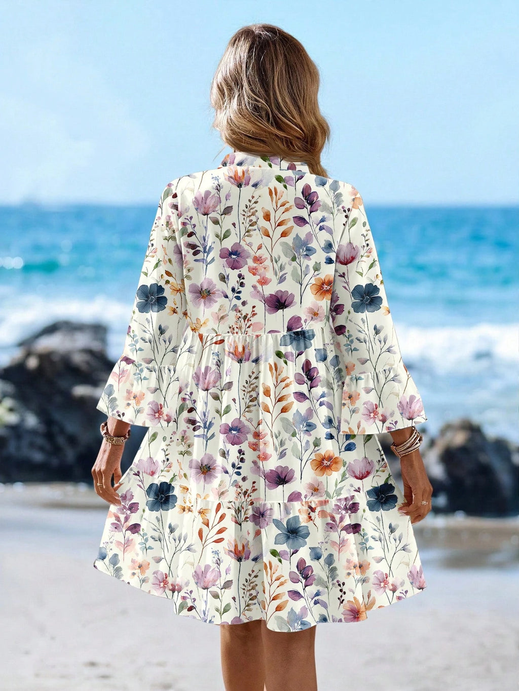 EMERY ROSE Women's Tropical Plant Pattern Flare Sleeve Casual Dress Spring Dress Women Beach Dresses Vacation Dress Casual Dresses For Women
