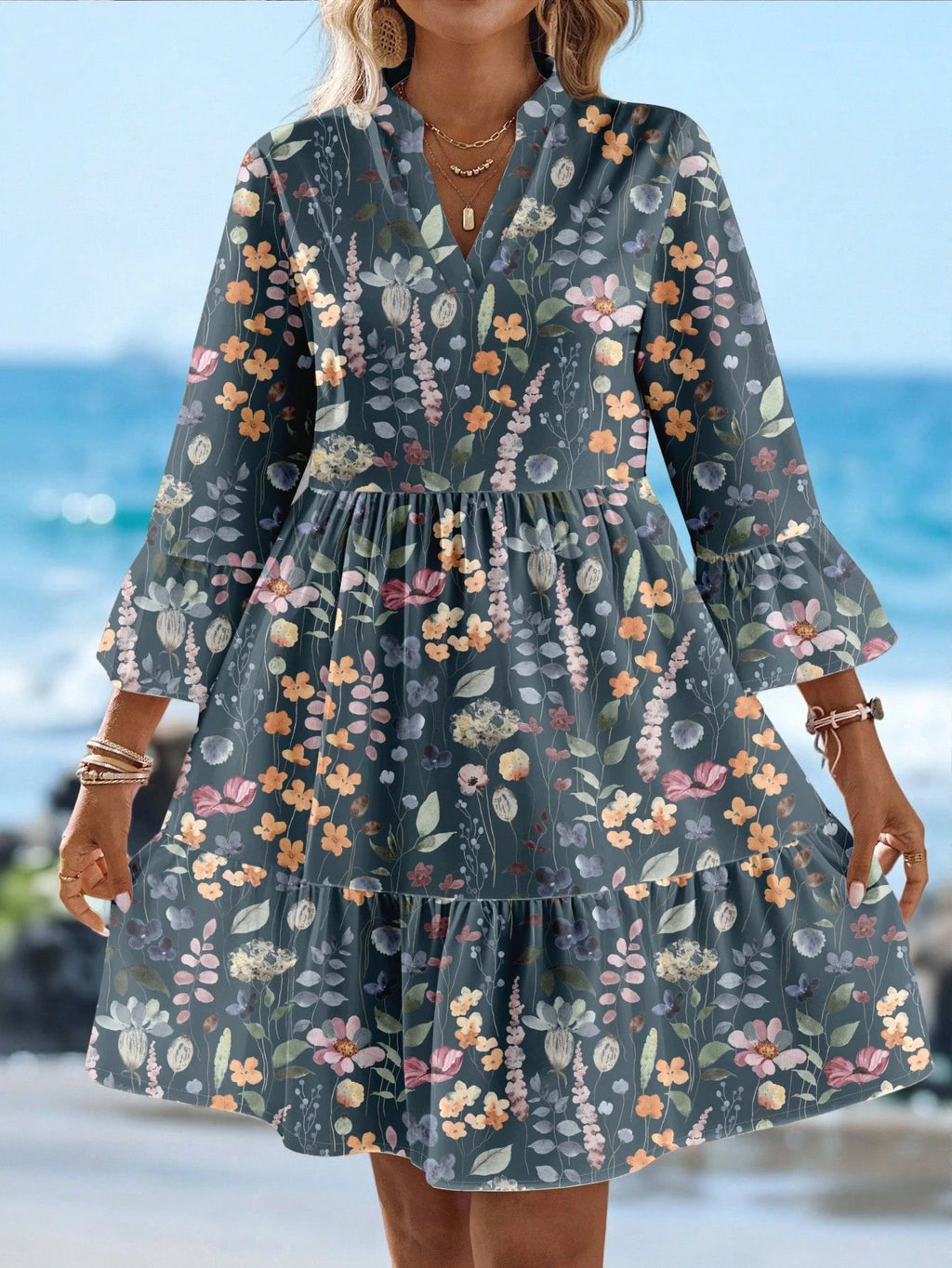 EMERY ROSE Women's Tropical Plant Pattern Flare Sleeve Casual Dress Spring Dress Women Beach Dresses Vacation Dress Casual Dresses For Women