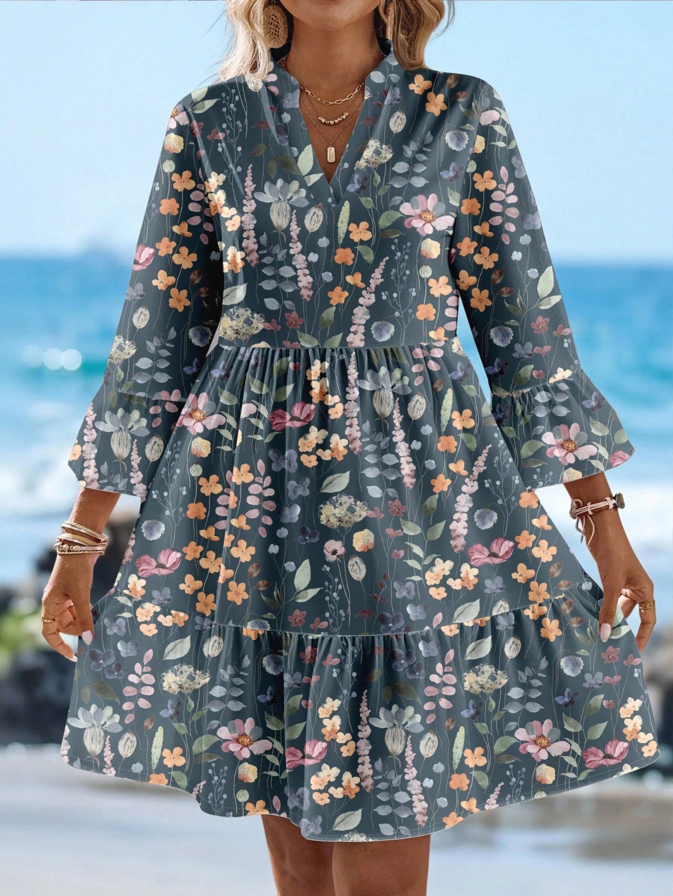EMERY ROSE Women's Tropical Plant Pattern Flare Sleeve Casual Dress Spring Dress Women Beach Dresses Vacation Dress Casual Dresses For Women