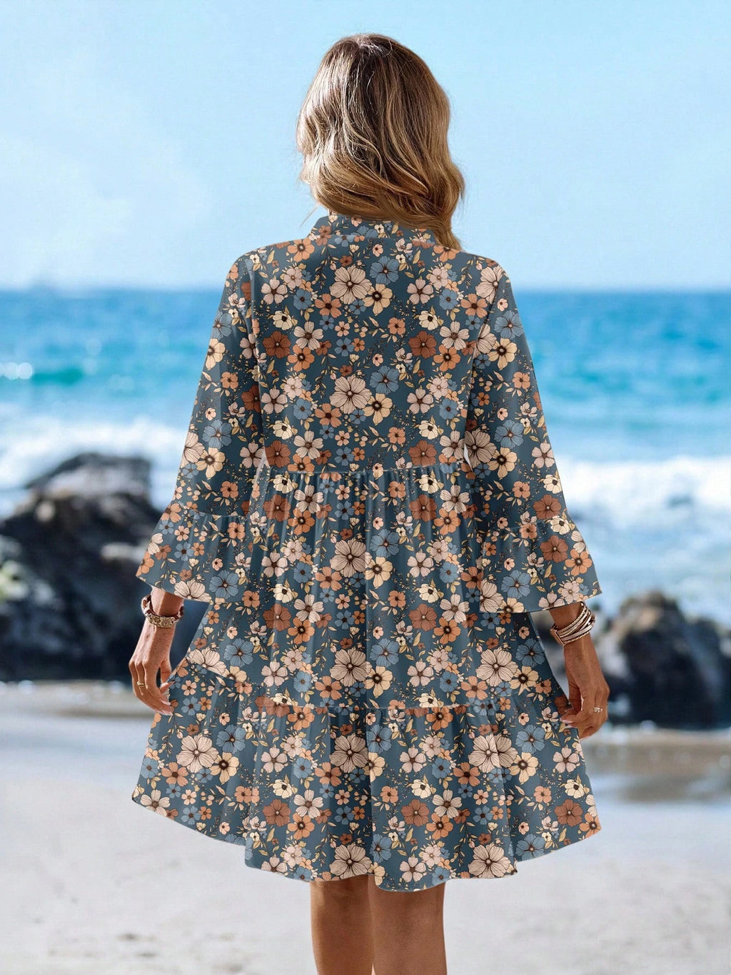 EMERY ROSE Women's Tropical Plant Pattern Flare Sleeve Casual Dress Spring Dress Women Beach Dresses Vacation Dress Casual Dresses For Women