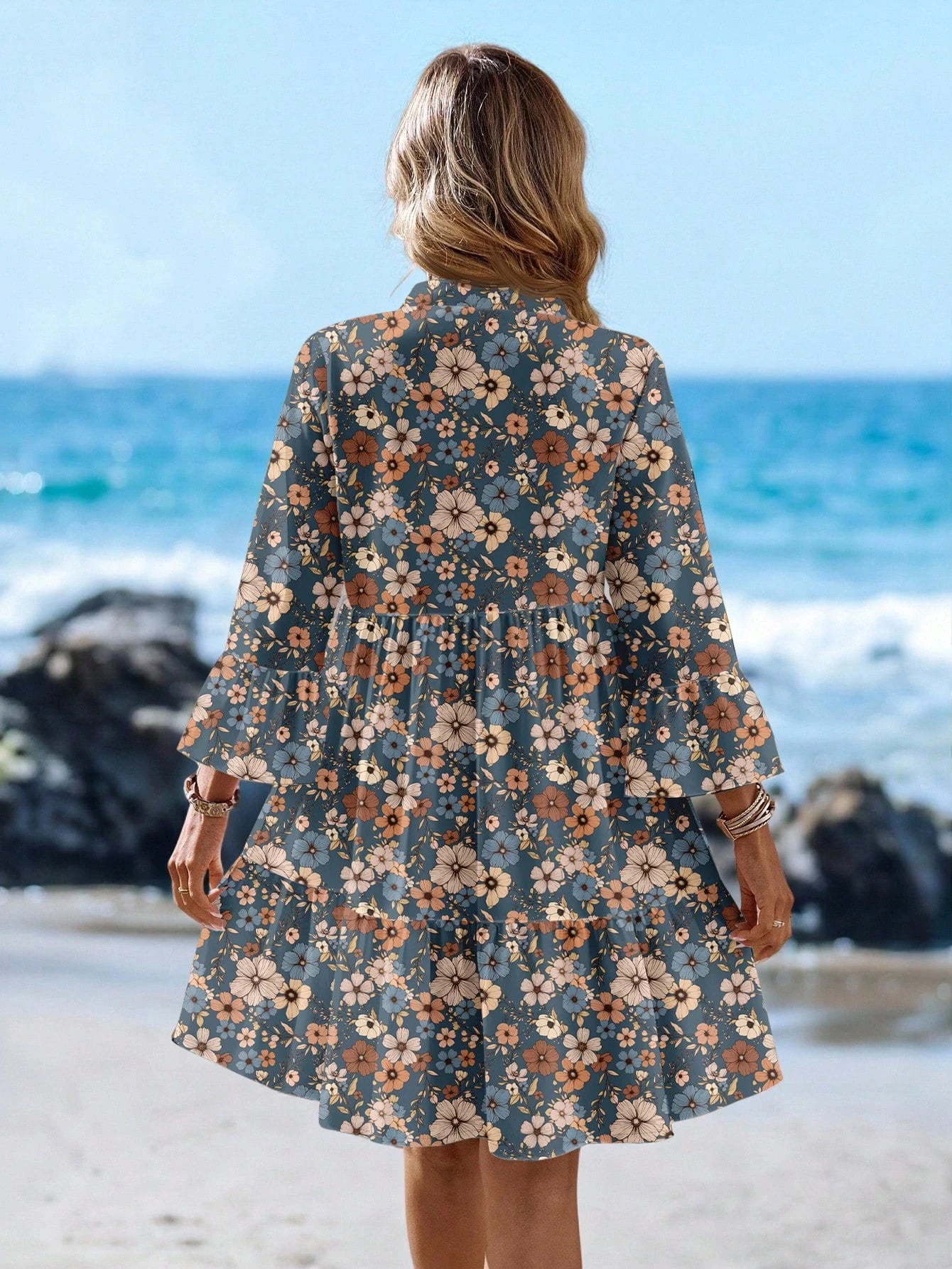 EMERY ROSE Women's Tropical Plant Pattern Flare Sleeve Casual Dress Spring Dress Women Beach Dresses Vacation Dress Casual Dresses For Women