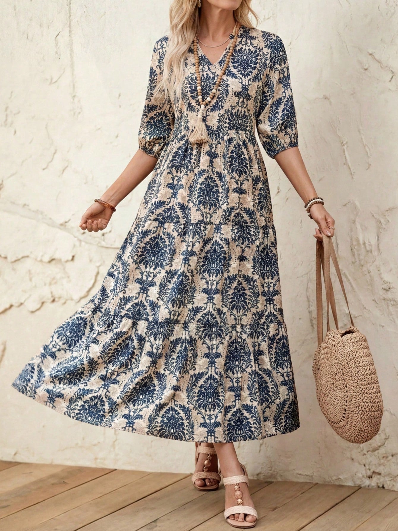 EMERY ROSE Women's Floral Print 3/4 Sleeve Casual Long Dress Causal Dresses For Women Summer Resort Wear Women Vacation Dress Summer Outfit For Women Vacation Outfits Women Floral Dress