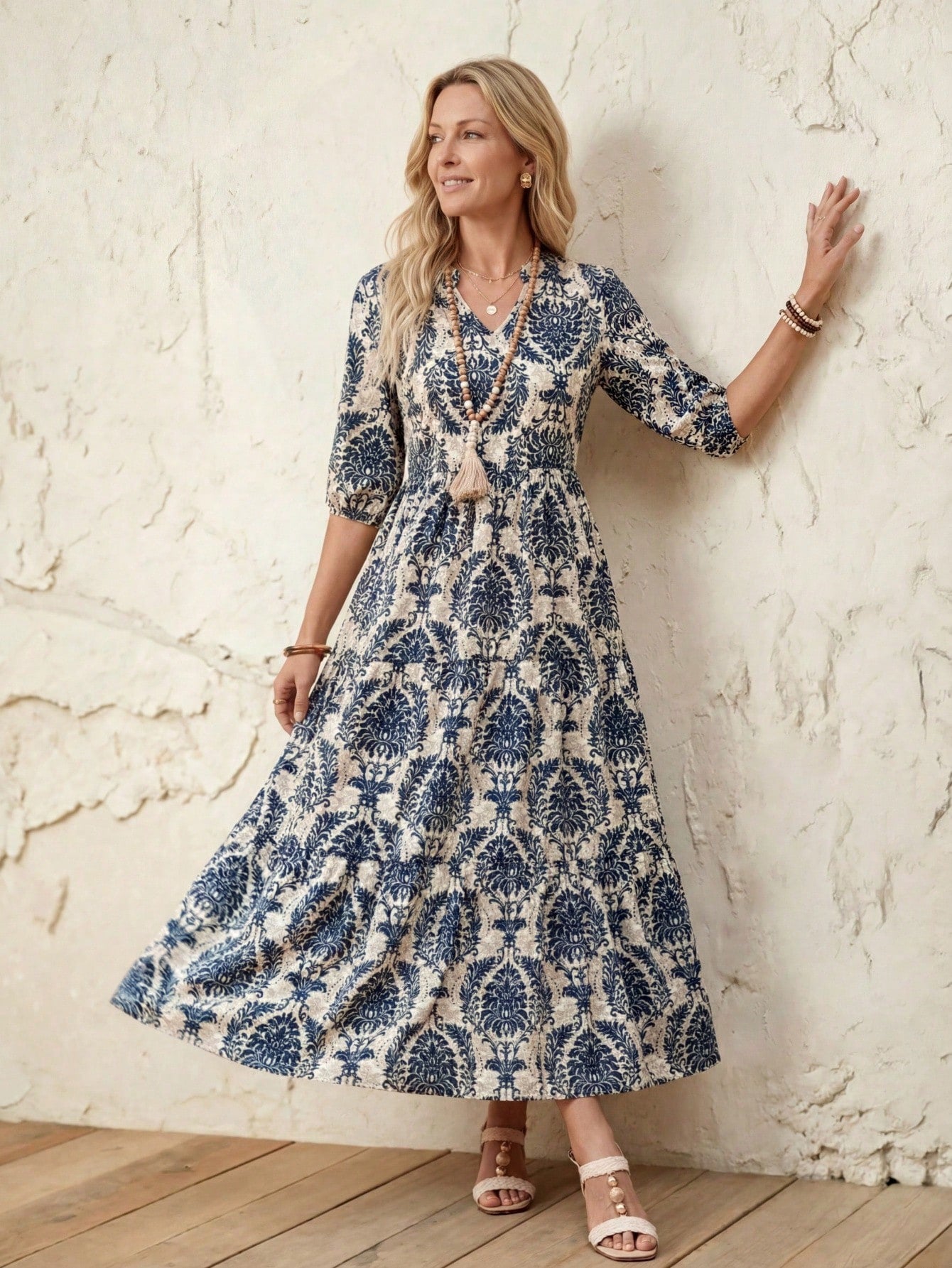 EMERY ROSE Women's Floral Print 3/4 Sleeve Casual Long Dress Causal Dresses For Women Summer Resort Wear Women Vacation Dress Summer Outfit For Women Vacation Outfits Women Floral Dress