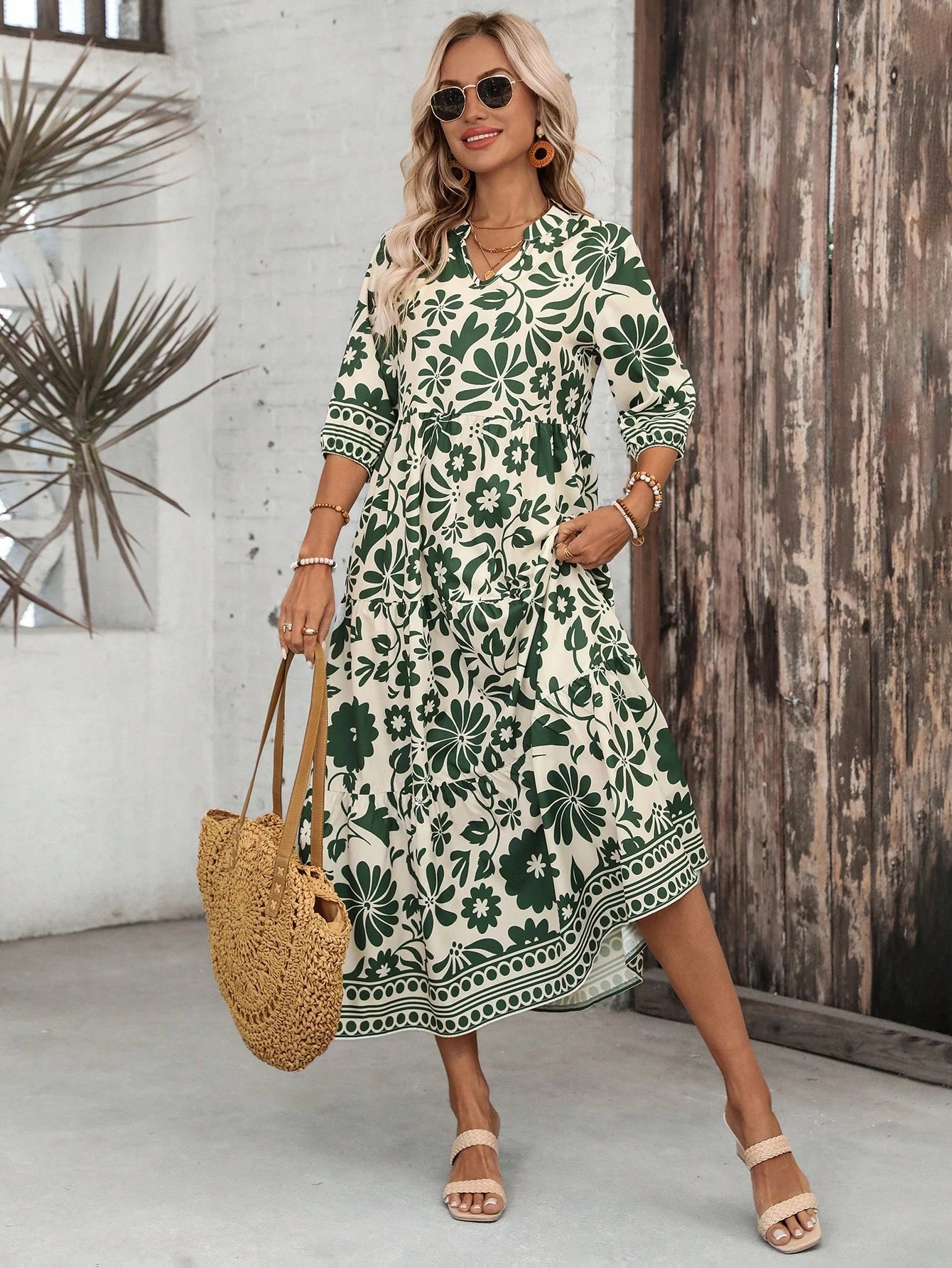 EMERY ROSE Women's Floral Print 3/4 Sleeve Casual Long Dress Causal Dresses For Women Summer Resort Wear Women Vacation Dress Summer Outfit For Women Vacation Outfits Women Floral Dress