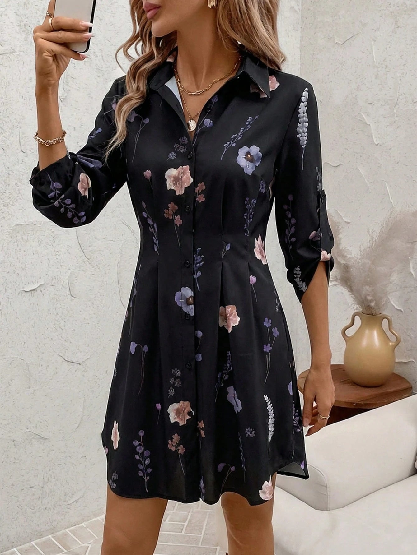 ✨  Clasi Women’s Floral Print A-Line Shirt Dress – Elegant French Style