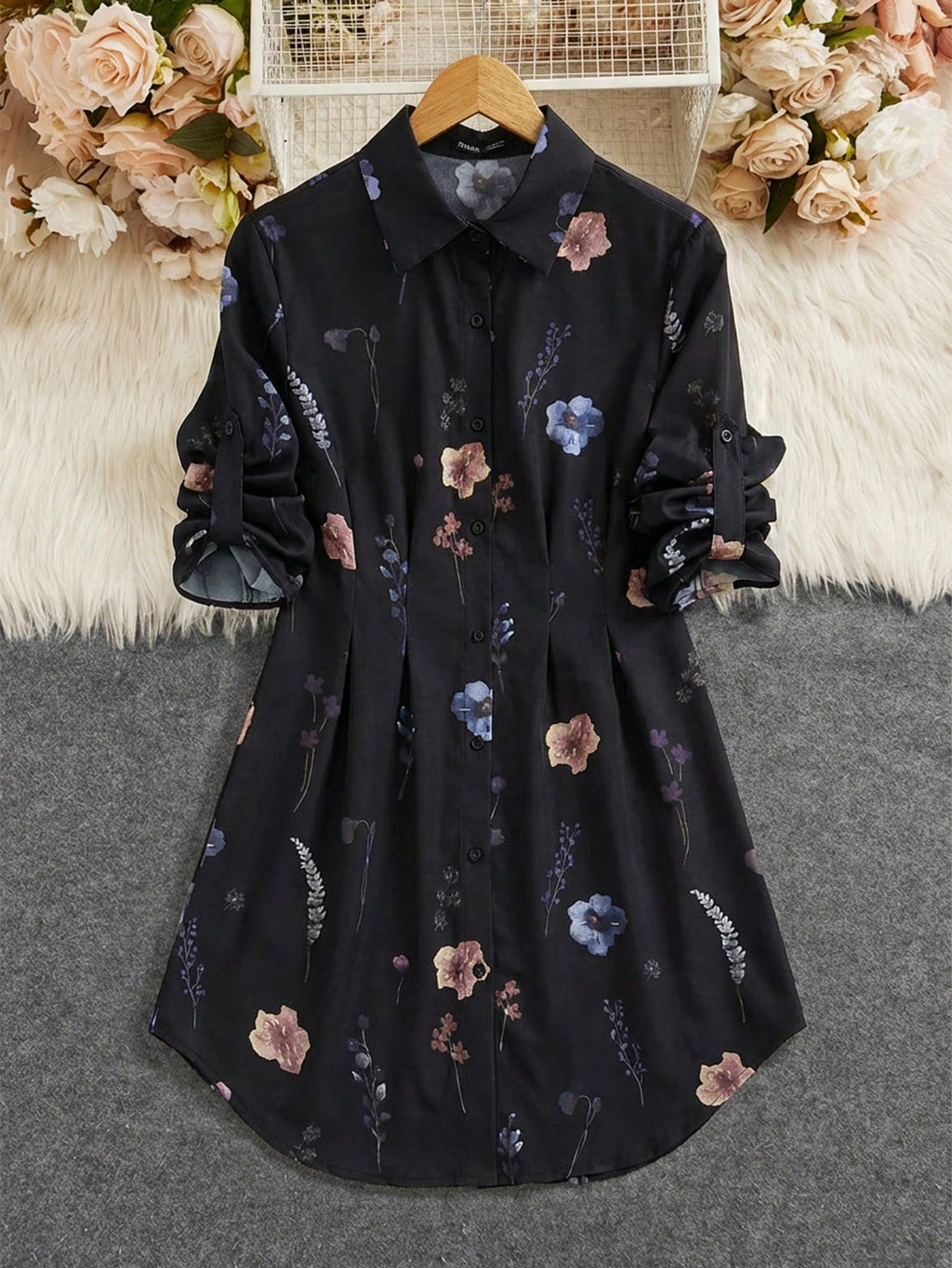 ✨  Clasi Women’s Floral Print A-Line Shirt Dress – Elegant French Style