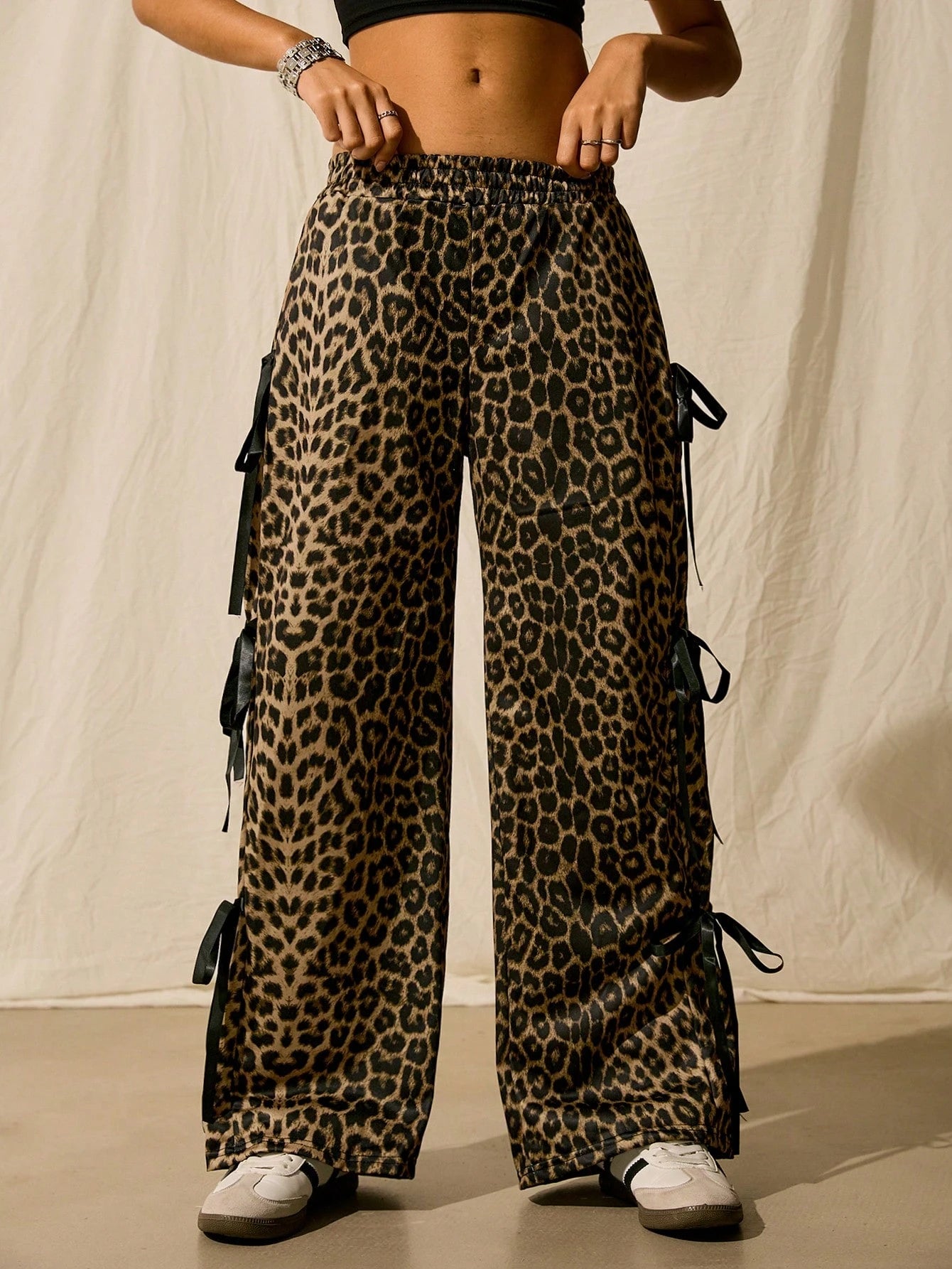 Women’s Leopard Print Sweatpants – Side Bowknot Loose Fit Casual Lounge Jogger Pants