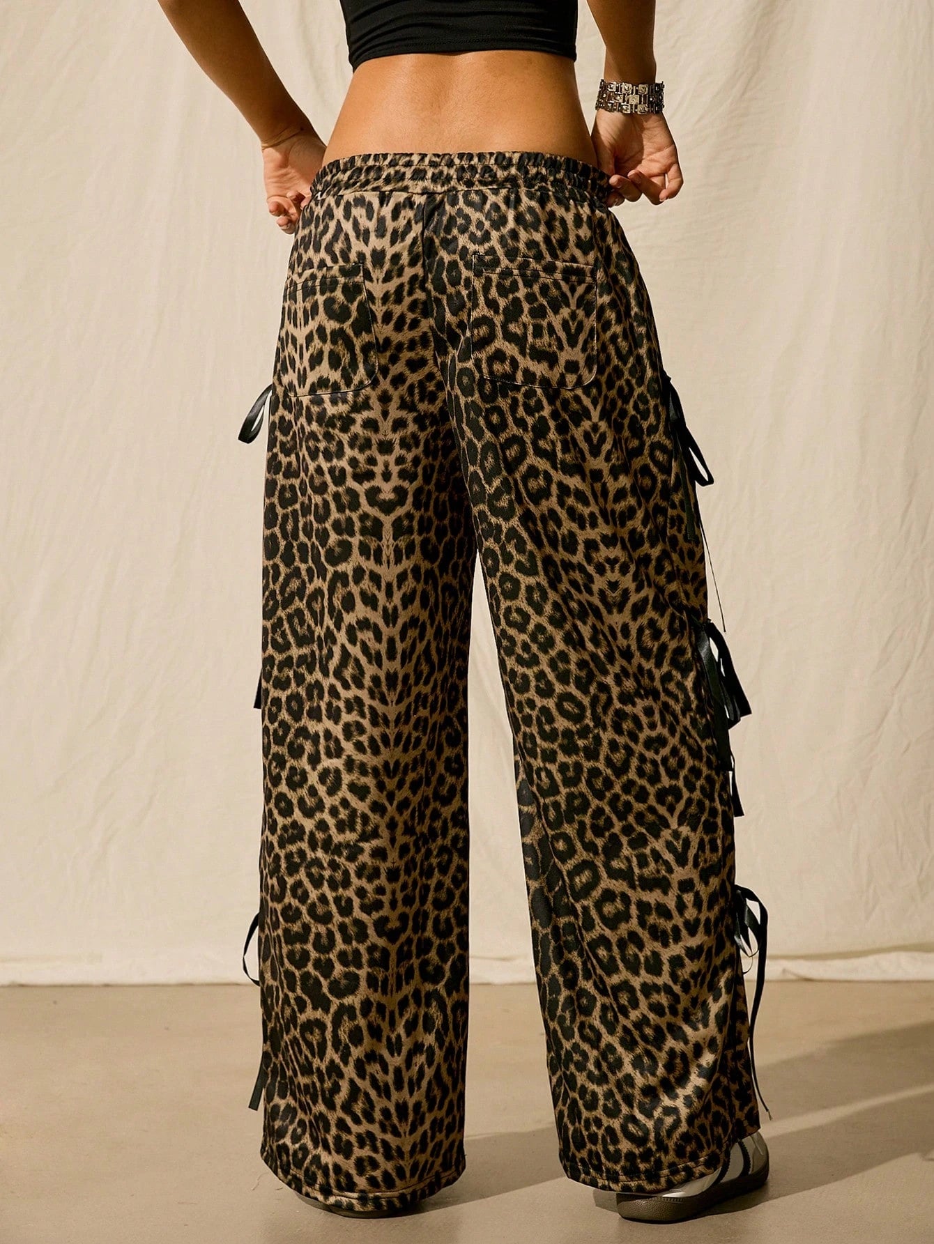 Women’s Leopard Print Sweatpants – Side Bowknot Loose Fit Casual Lounge Jogger Pants
