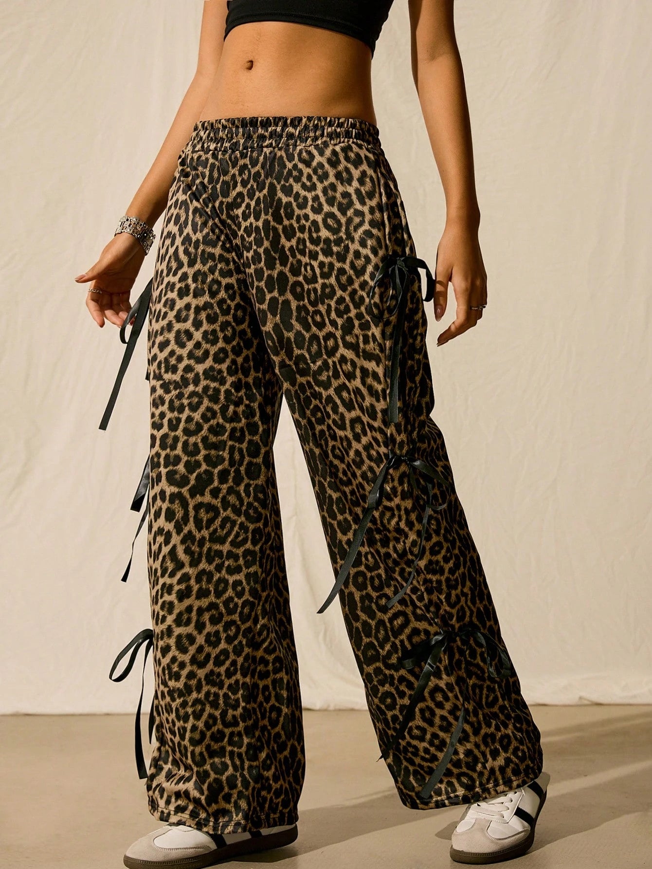 Women’s Leopard Print Sweatpants – Side Bowknot Loose Fit Casual Lounge Jogger Pants