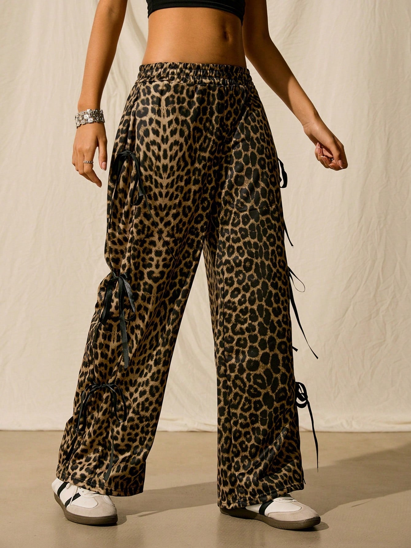 Women’s Leopard Print Sweatpants – Side Bowknot Loose Fit Casual Lounge Jogger Pants