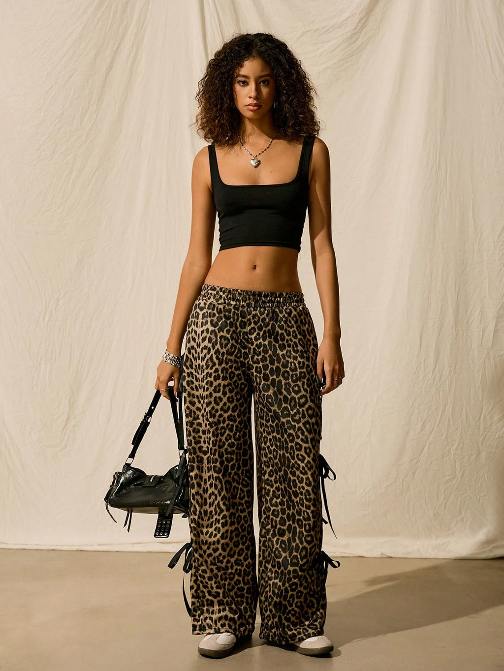Women’s Leopard Print Sweatpants – Side Bowknot Loose Fit Casual Lounge Jogger Pants
