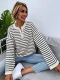 Women’s Black & White Striped Half-Zip Sweater – Minimalist Loose Fit Casual Knit Pullover