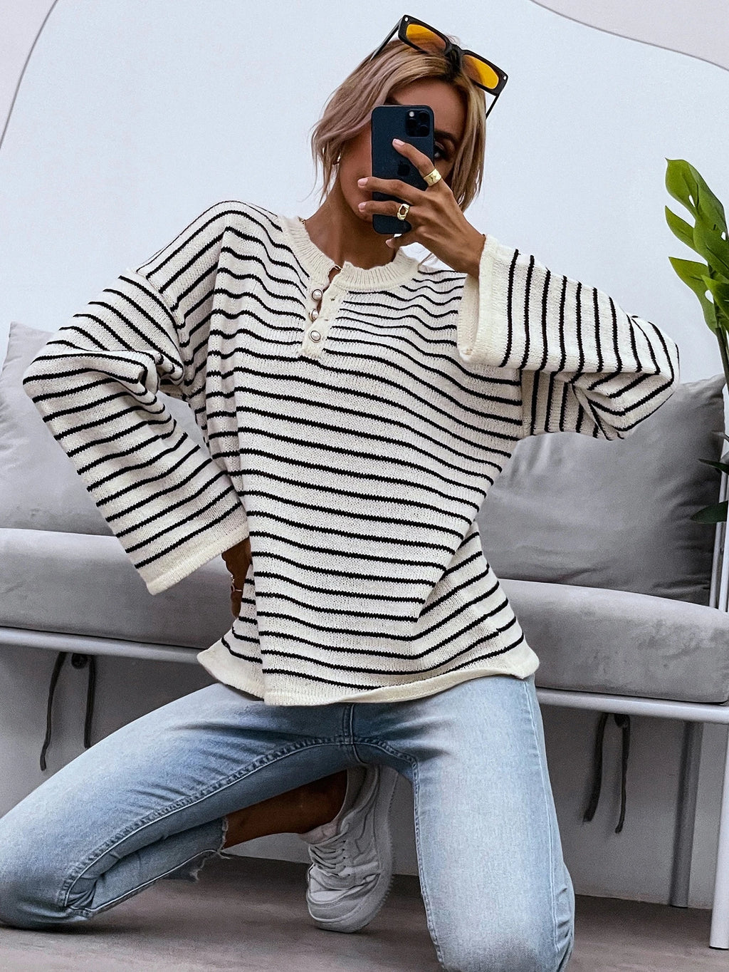 Women’s Black & White Striped Half-Zip Sweater – Minimalist Loose Fit Casual Knit Pullover