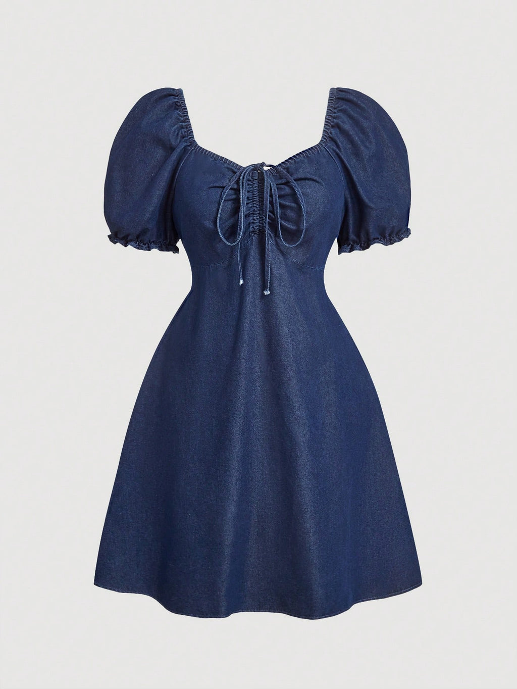 Plus Size Denim Bow Dress – Sweet Bubble Sleeve Loose Fit Blue Midi Dress for Fall & Special Occasions