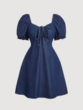 Plus Size Denim Bow Dress – Sweet Bubble Sleeve Loose Fit Blue Midi Dress for Fall & Special Occasions