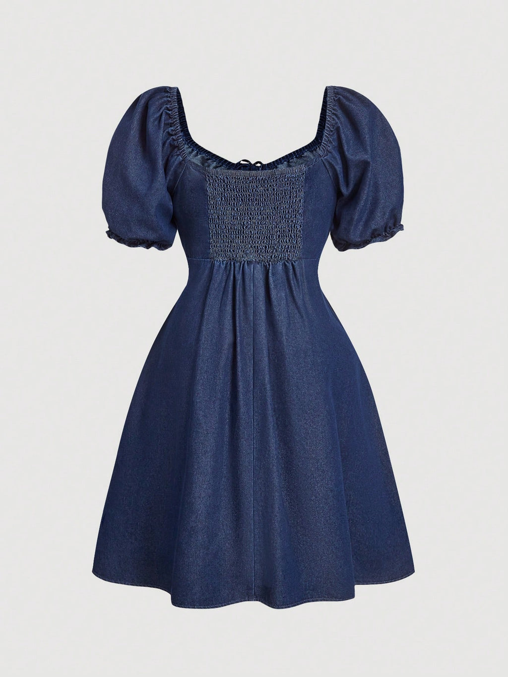 Plus Size Denim Bow Dress – Sweet Bubble Sleeve Loose Fit Blue Midi Dress for Fall & Special Occasions