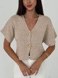 Women’s Minimalist Deep V-Neck Cardigan – Short Sleeve Double-Button Cinched Waist Fitted Top