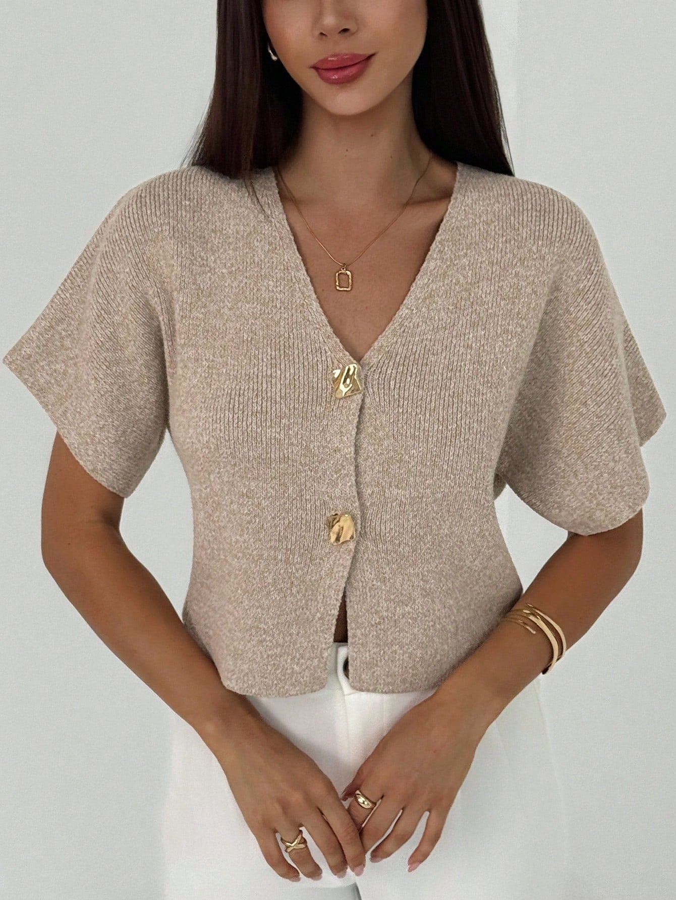 Women’s Minimalist Deep V-Neck Cardigan – Short Sleeve Double-Button Cinched Waist Fitted Top