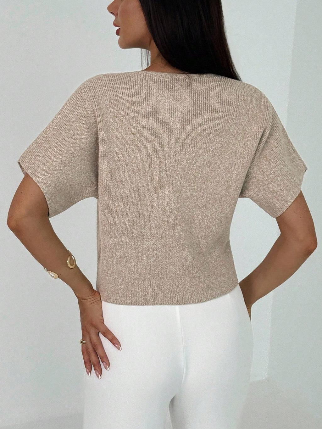 Women’s Minimalist Deep V-Neck Cardigan – Short Sleeve Double-Button Cinched Waist Fitted Top