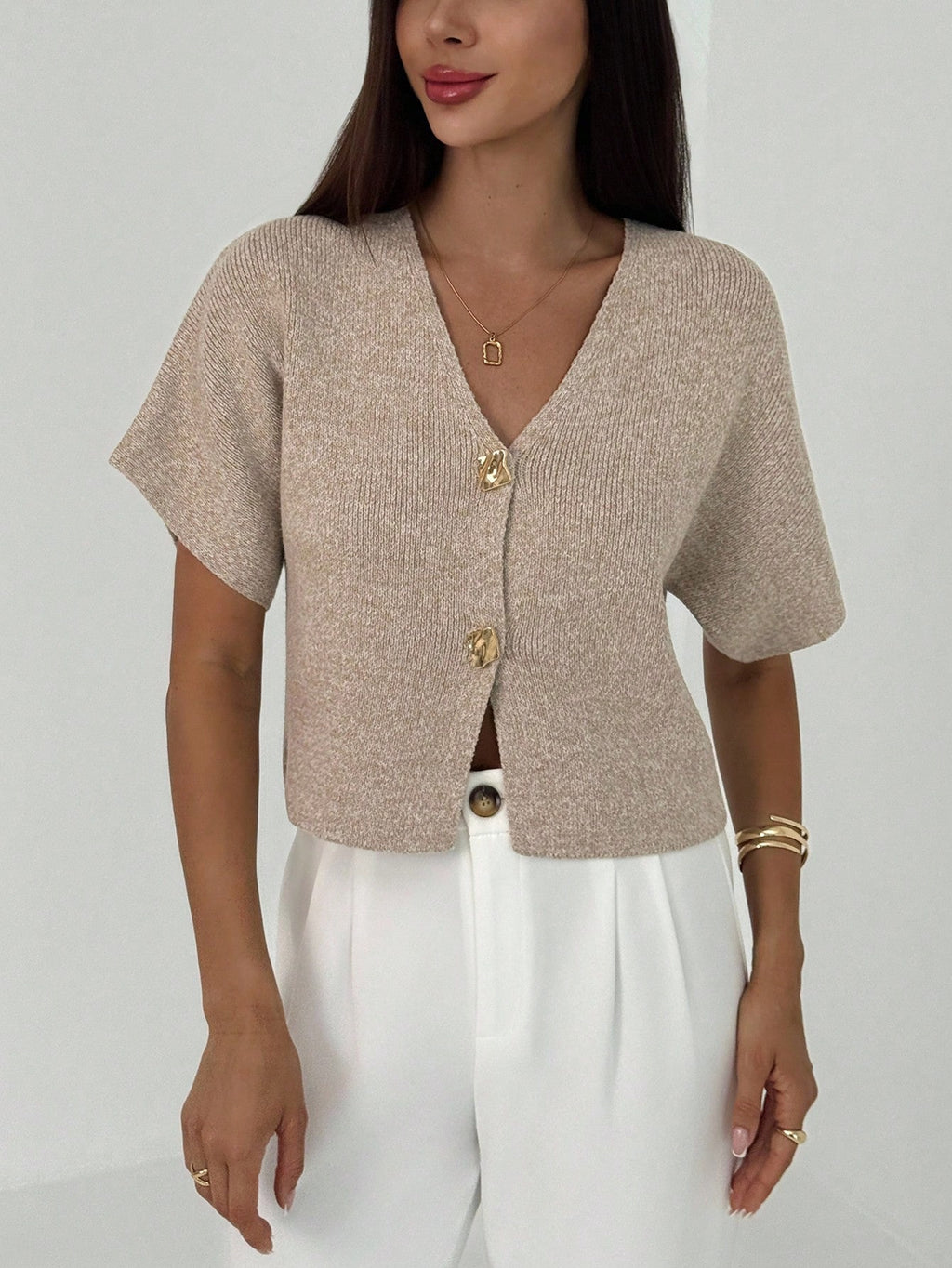 Women’s Minimalist Deep V-Neck Cardigan – Short Sleeve Double-Button Cinched Waist Fitted Top