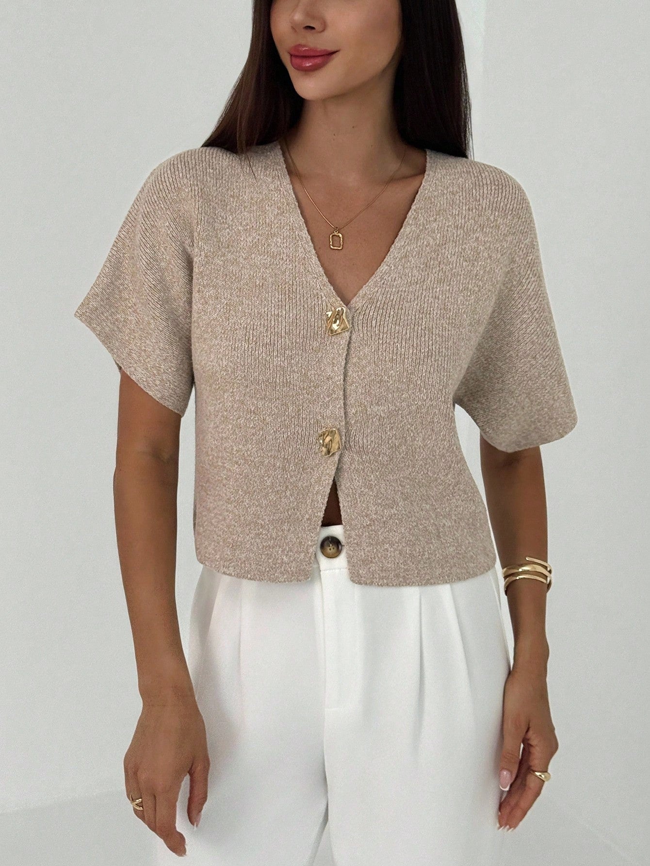 Women’s Minimalist Deep V-Neck Cardigan – Short Sleeve Double-Button Cinched Waist Fitted Top